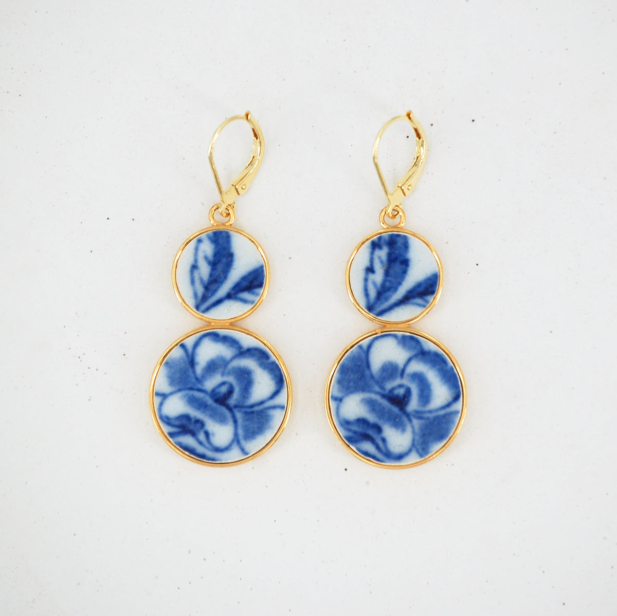"Blue Hibiscus Flower" earrings, gold finish