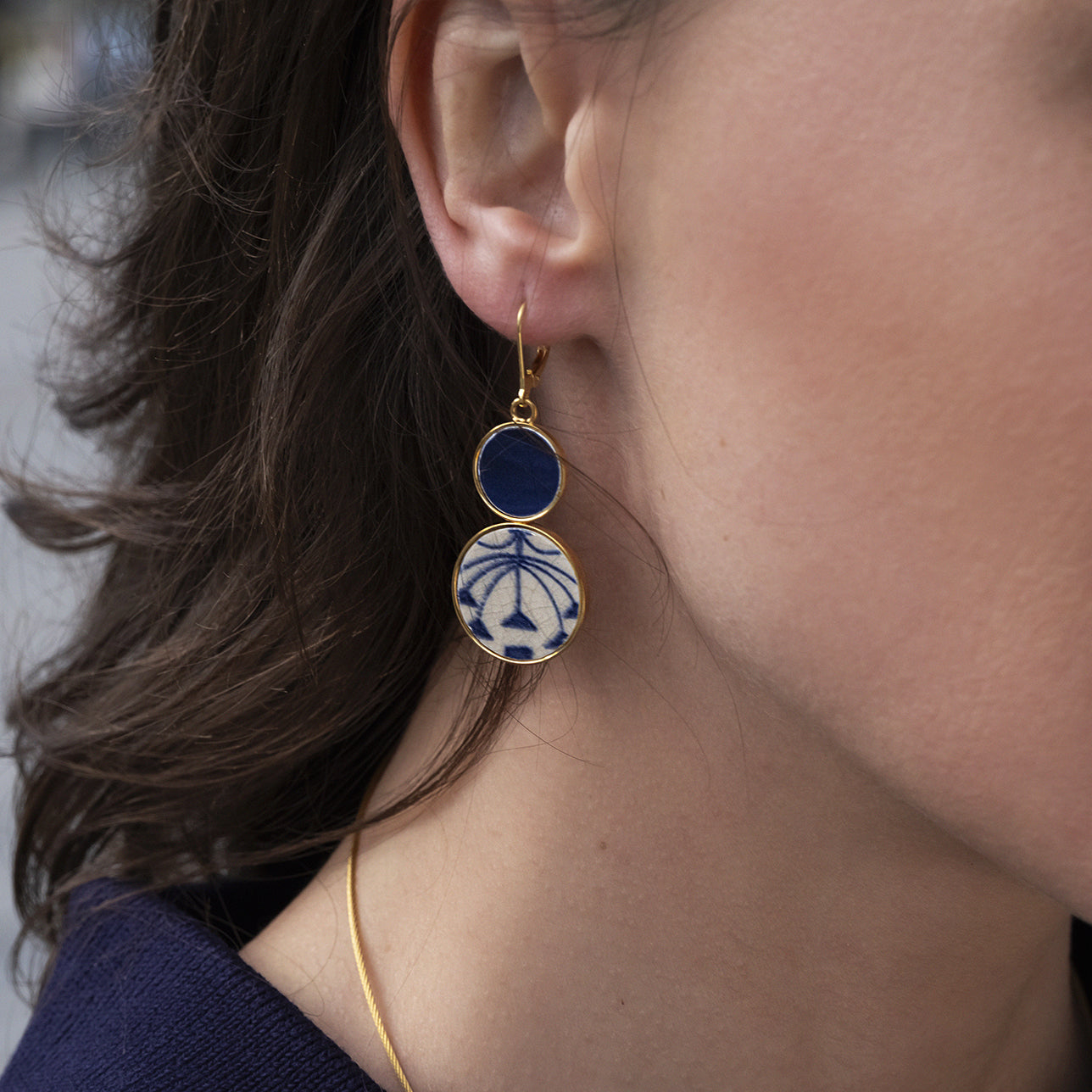 "Blue Hibiscus Flower" earrings, gold finish