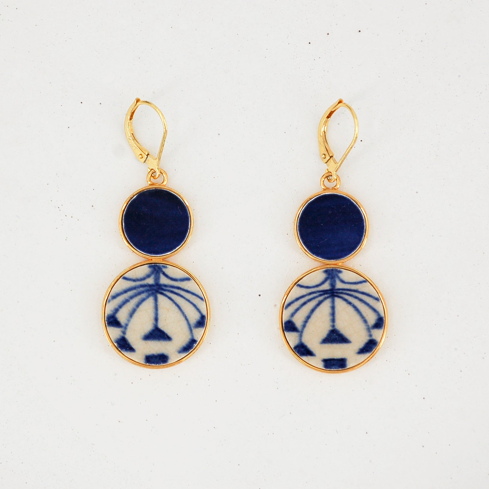 "Blue Hibiscus Flower" earrings, gold finish