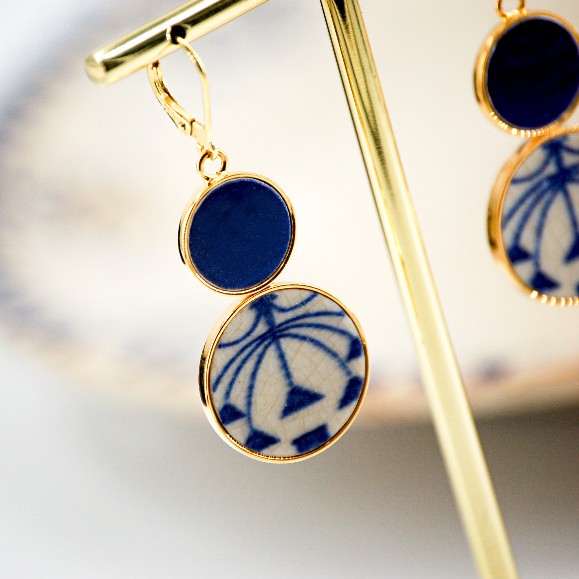 "Blue Hibiscus Flower" earrings, gold finish