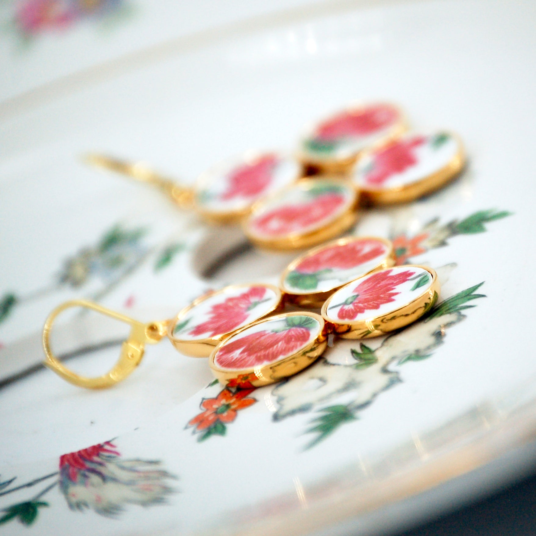 "Blue Flowers" earrings, gold finish