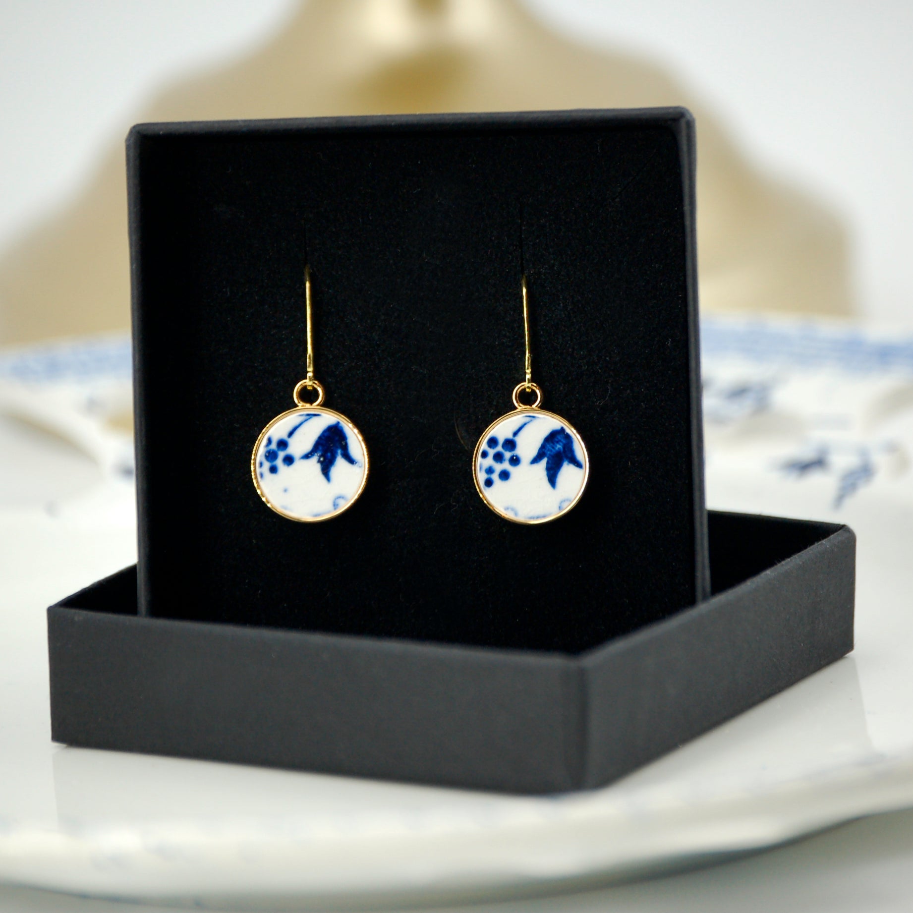 "Small Blue Leaves" earrings, gold finish