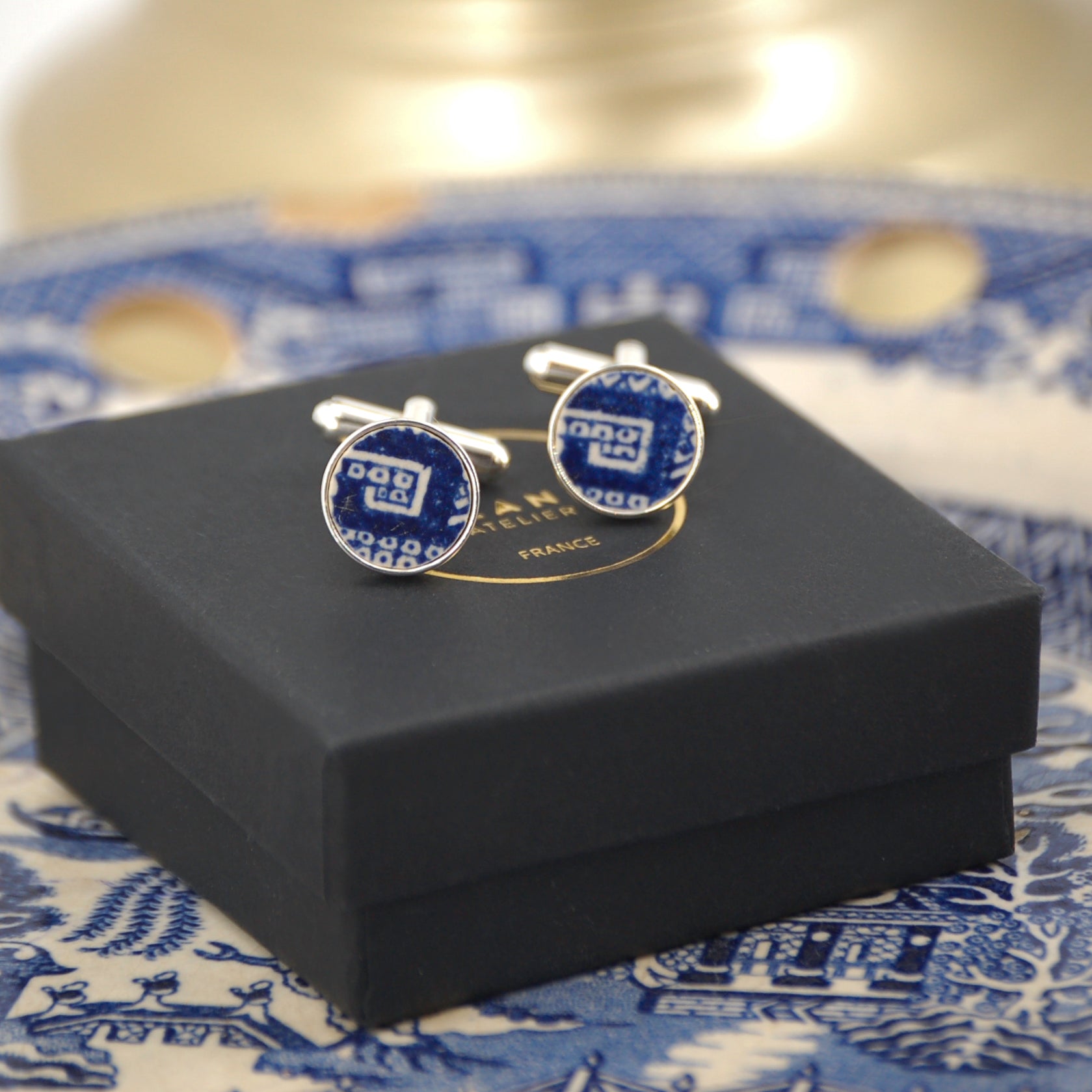 "Blue Pattern" cufflinks, silver finish