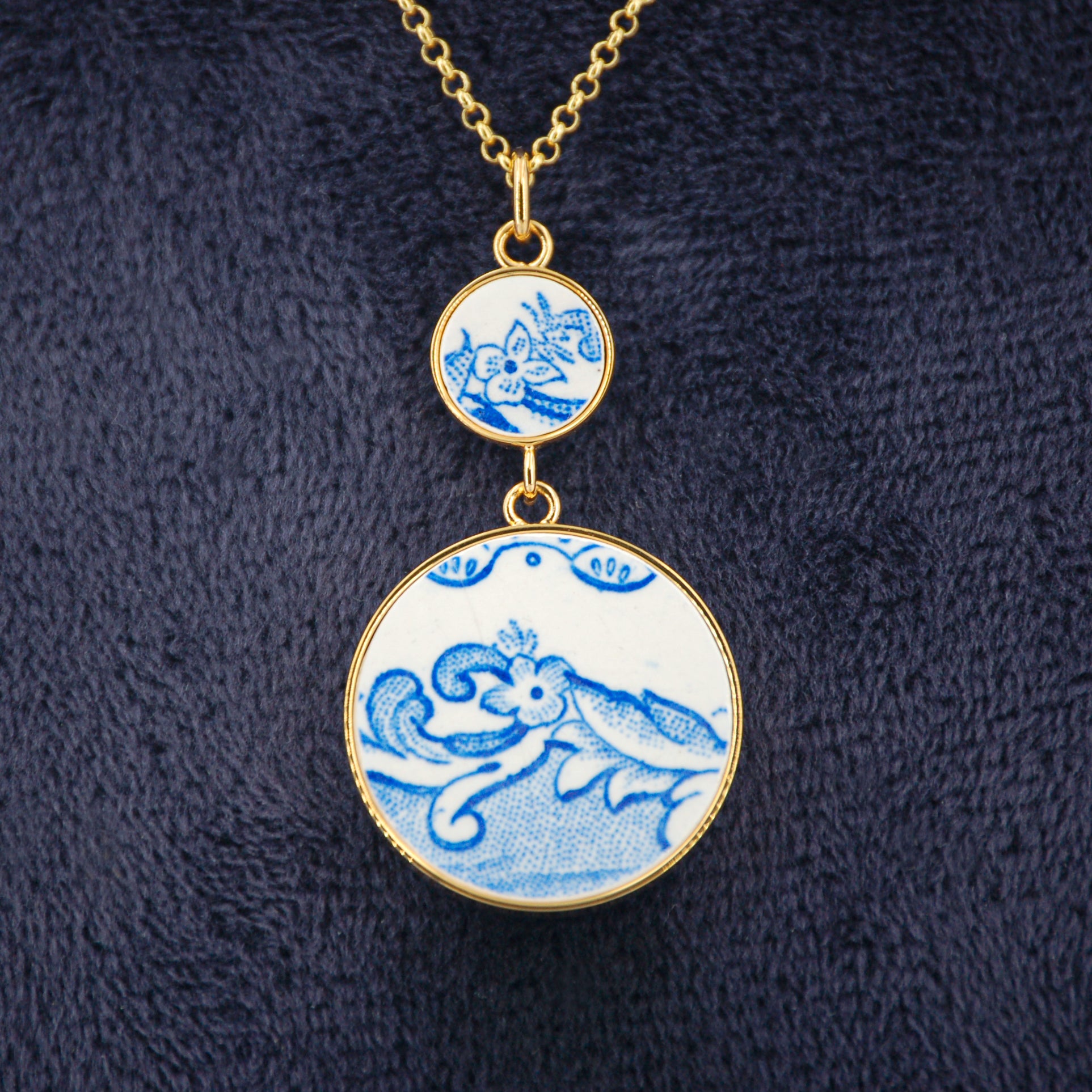 "Blue Flowers and Swirls" Pendant, gold finish