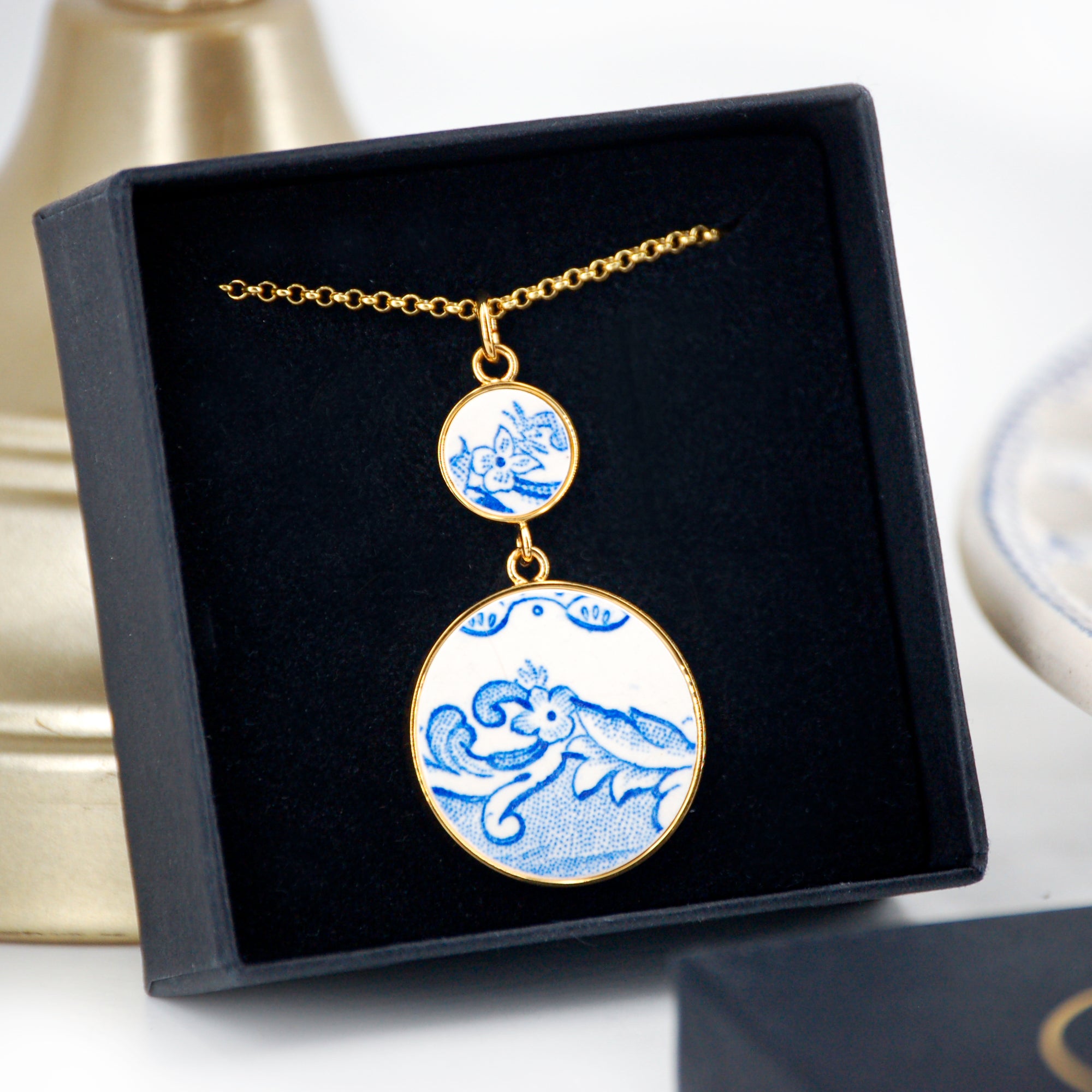 "Blue Flowers and Swirls" Pendant, gold finish