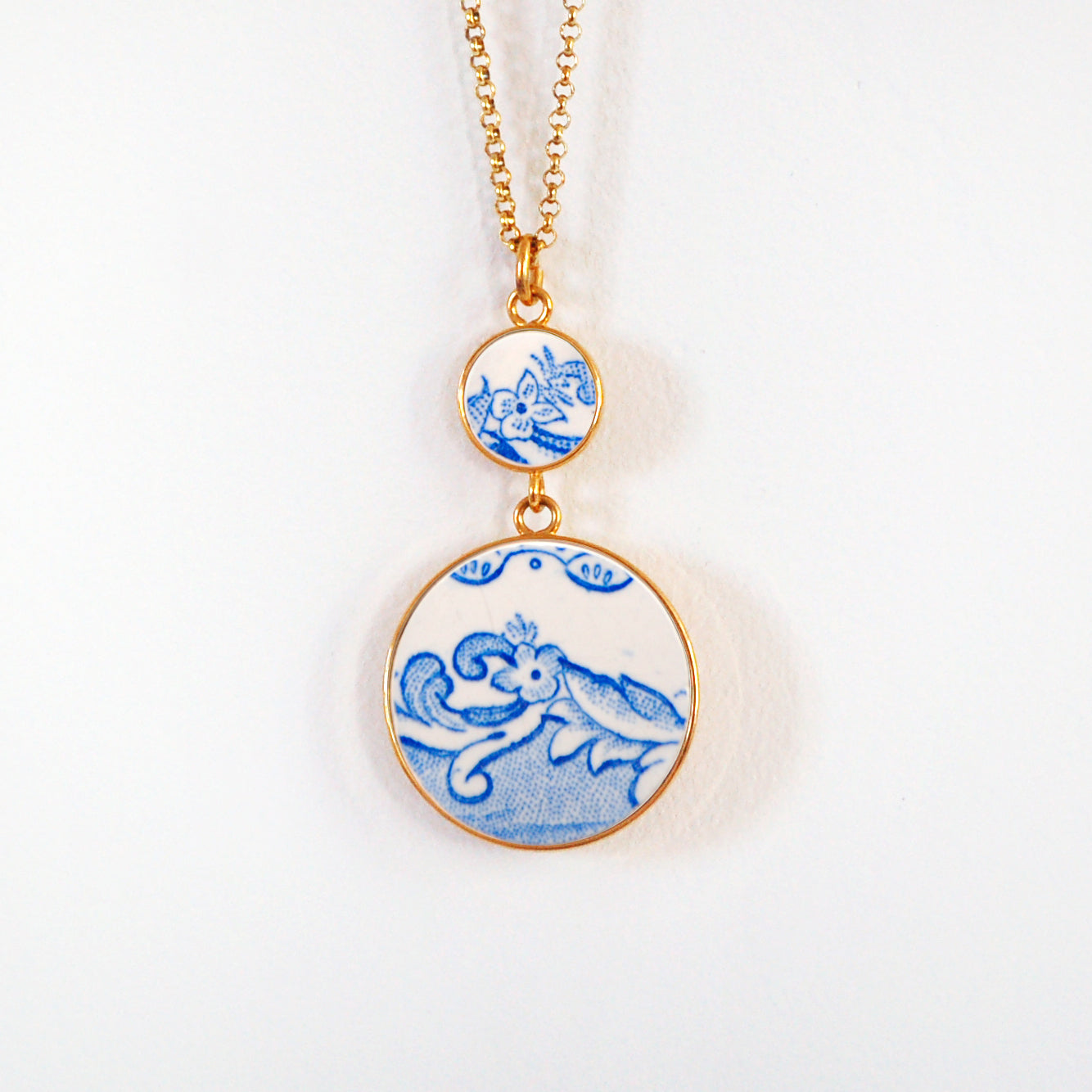"Blue Flowers and Swirls" Pendant, gold finish