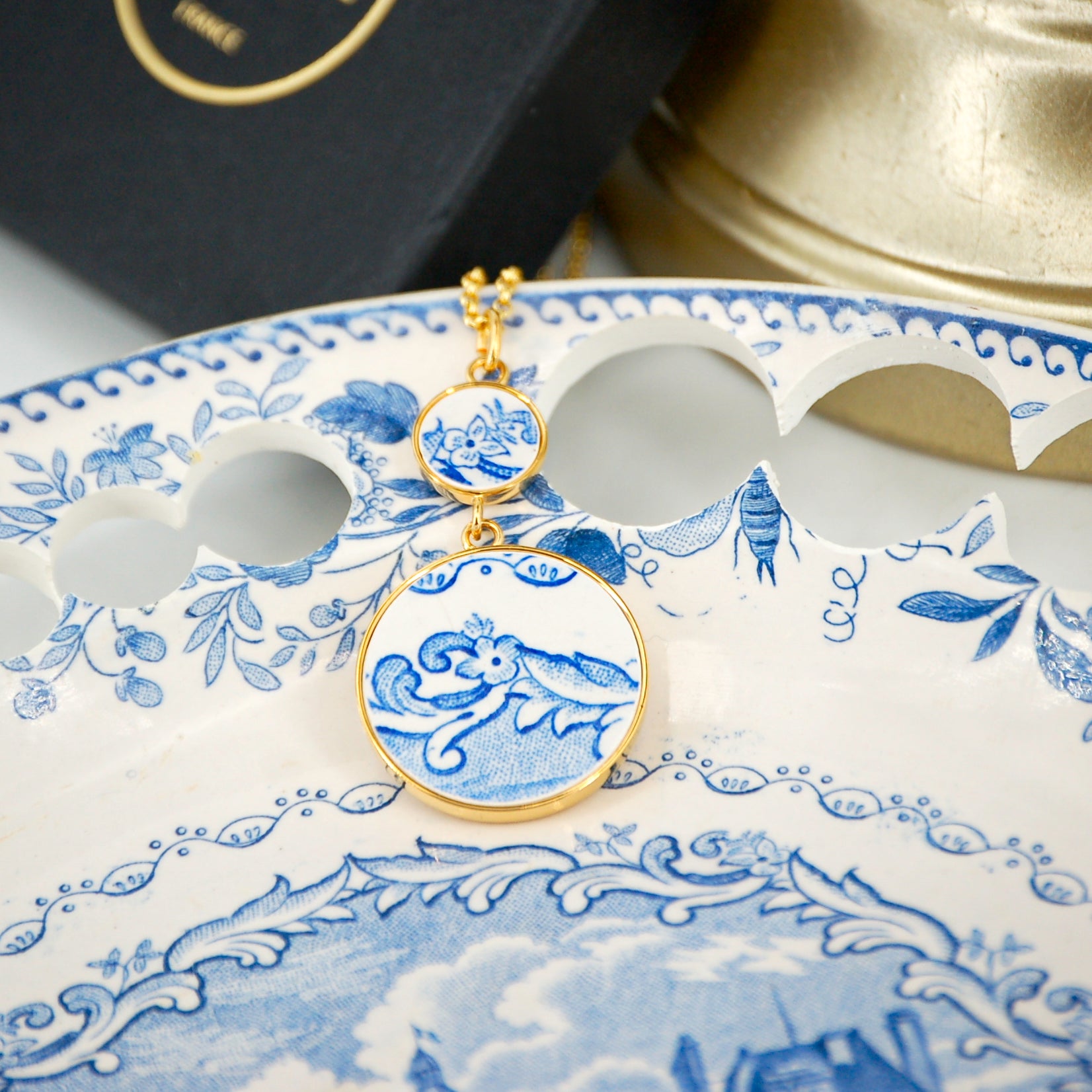 "Blue Flowers and Swirls" Pendant, gold finish
