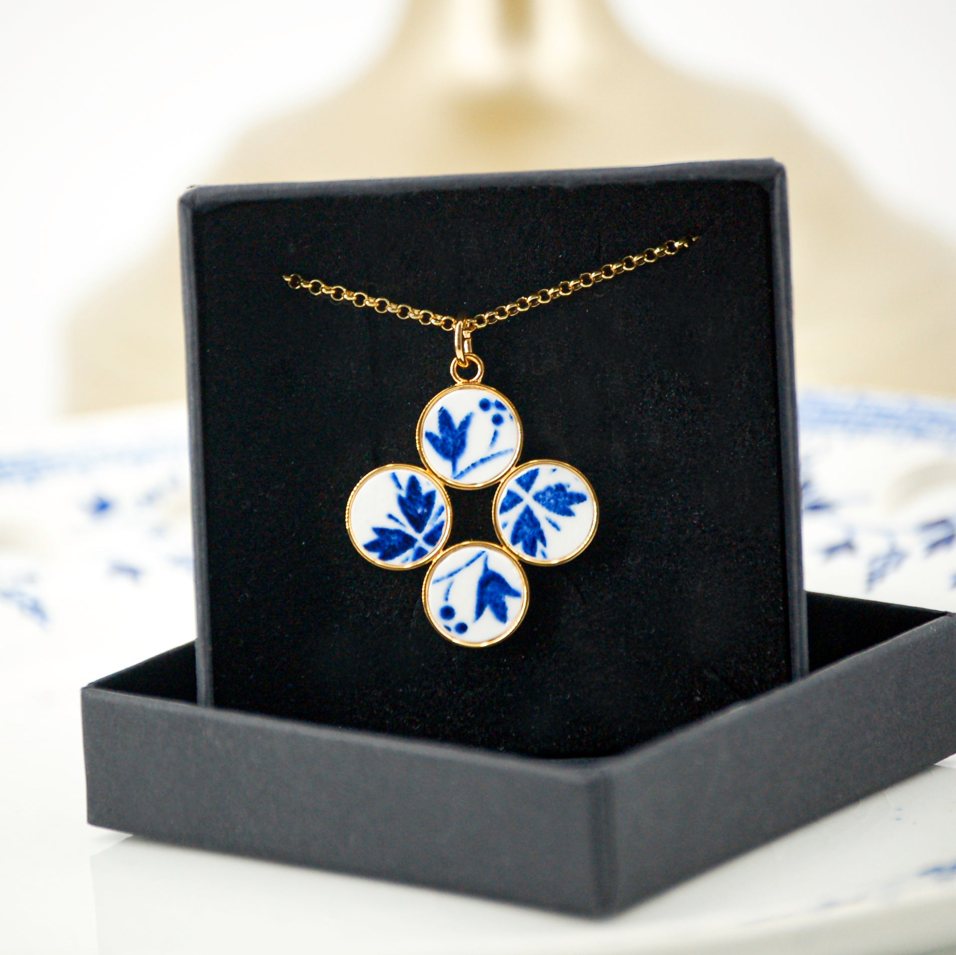 "Blue Flower and Grapes" Pendant, Gold Finish