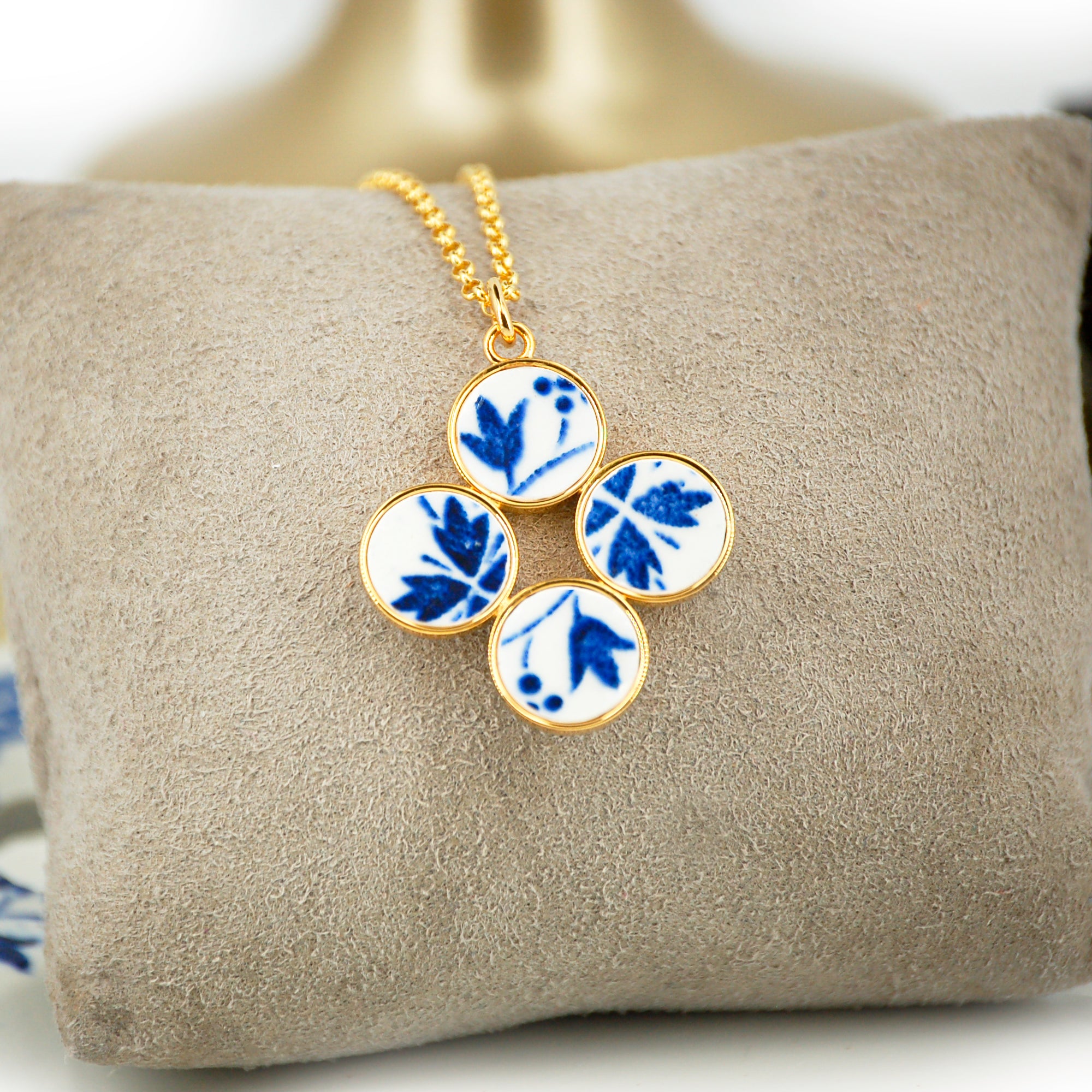 "Blue Flower and Grapes" Pendant, Gold Finish