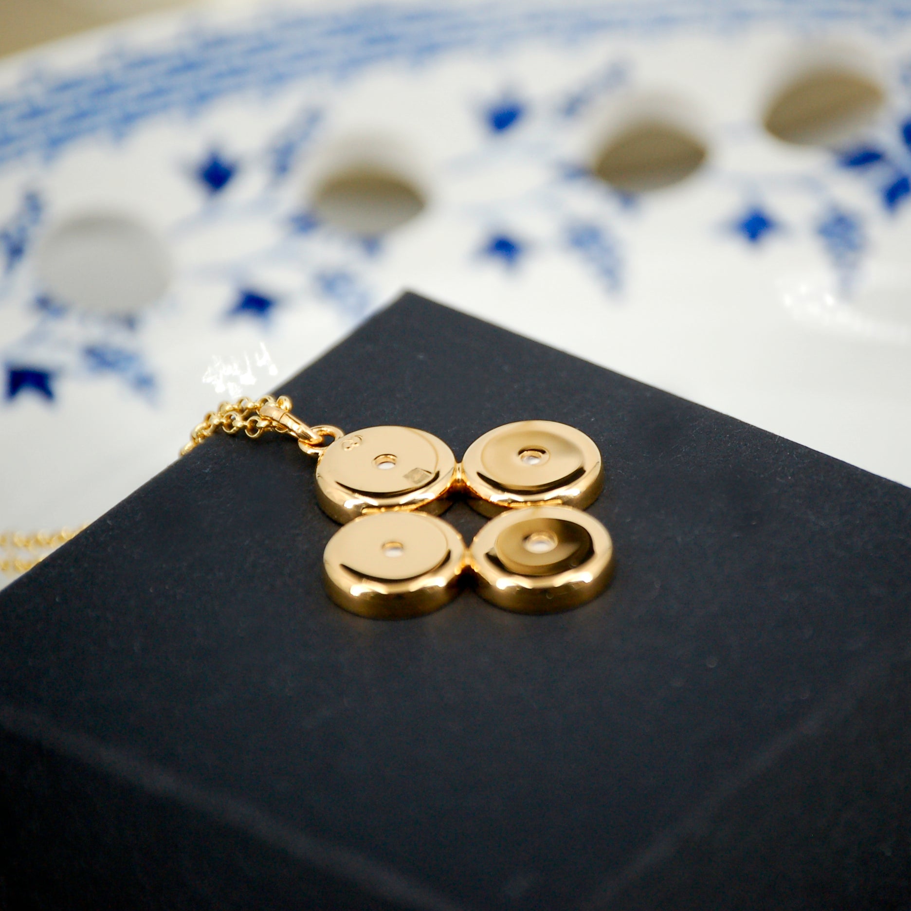 "Blue Flower and Grapes" Pendant, Gold Finish