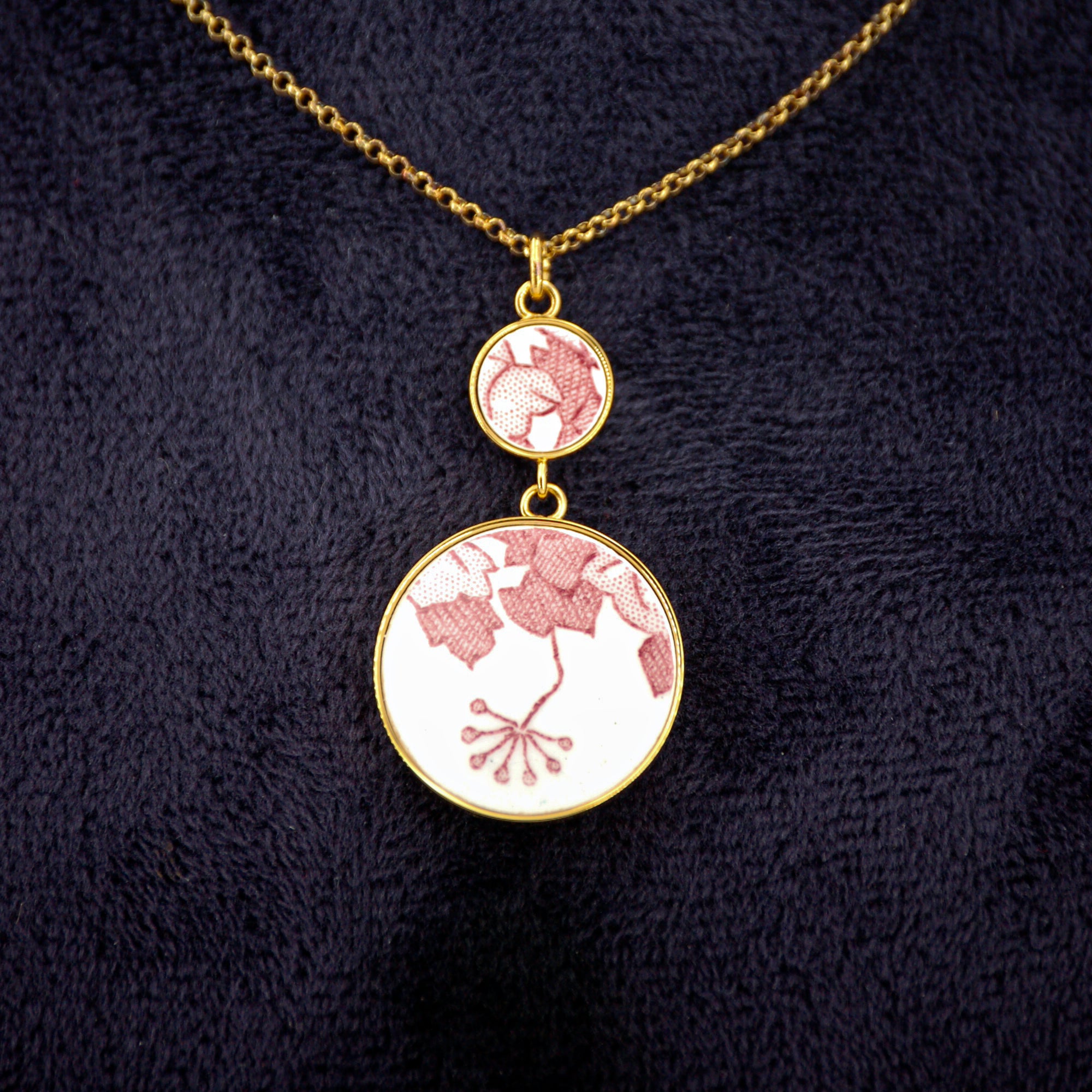 "Pink Flower and Foliage" Pendant, Gold Finish