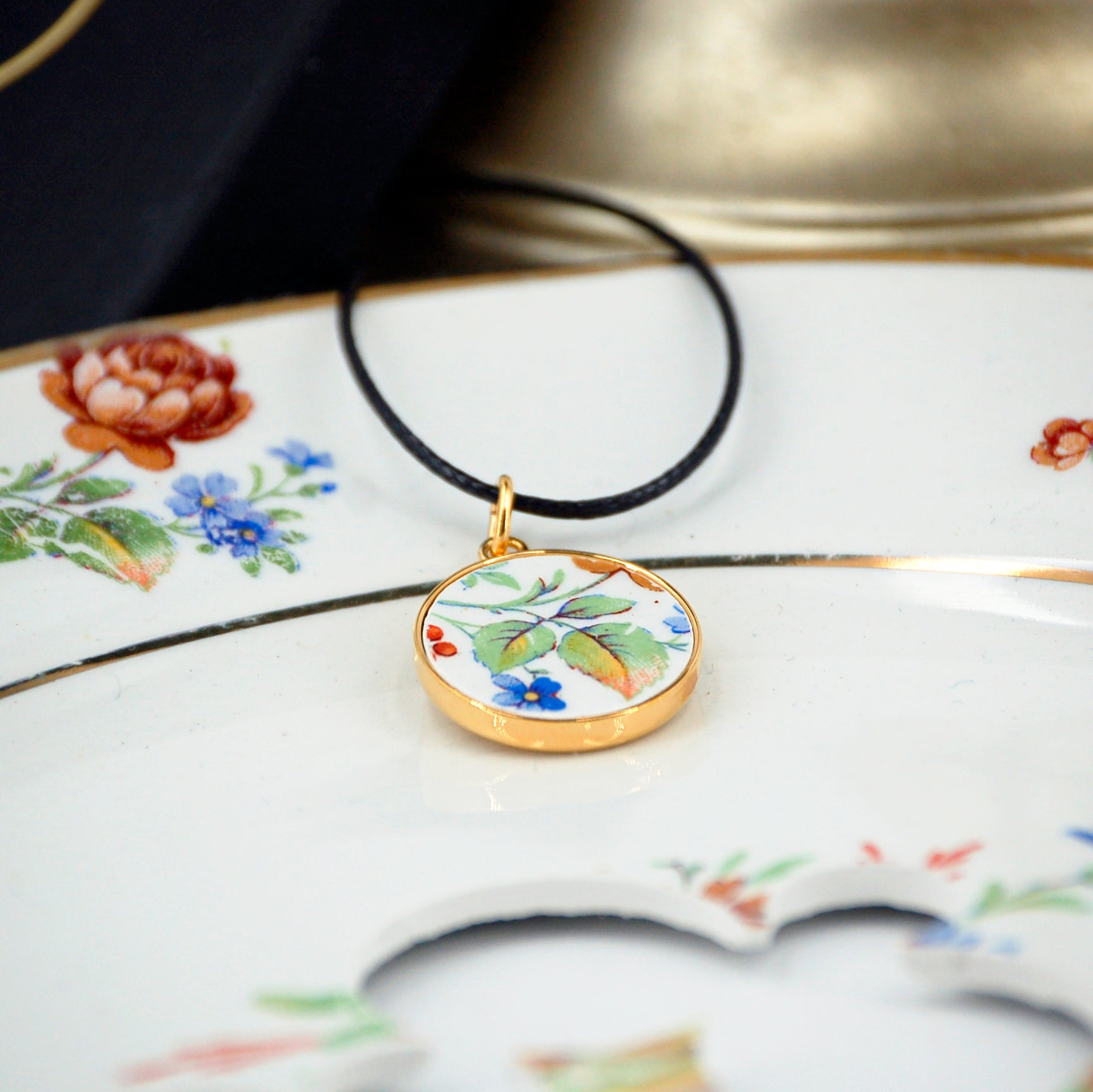 "Floral Bouquet in Yellow and Blue" Pendant, Gold Finish