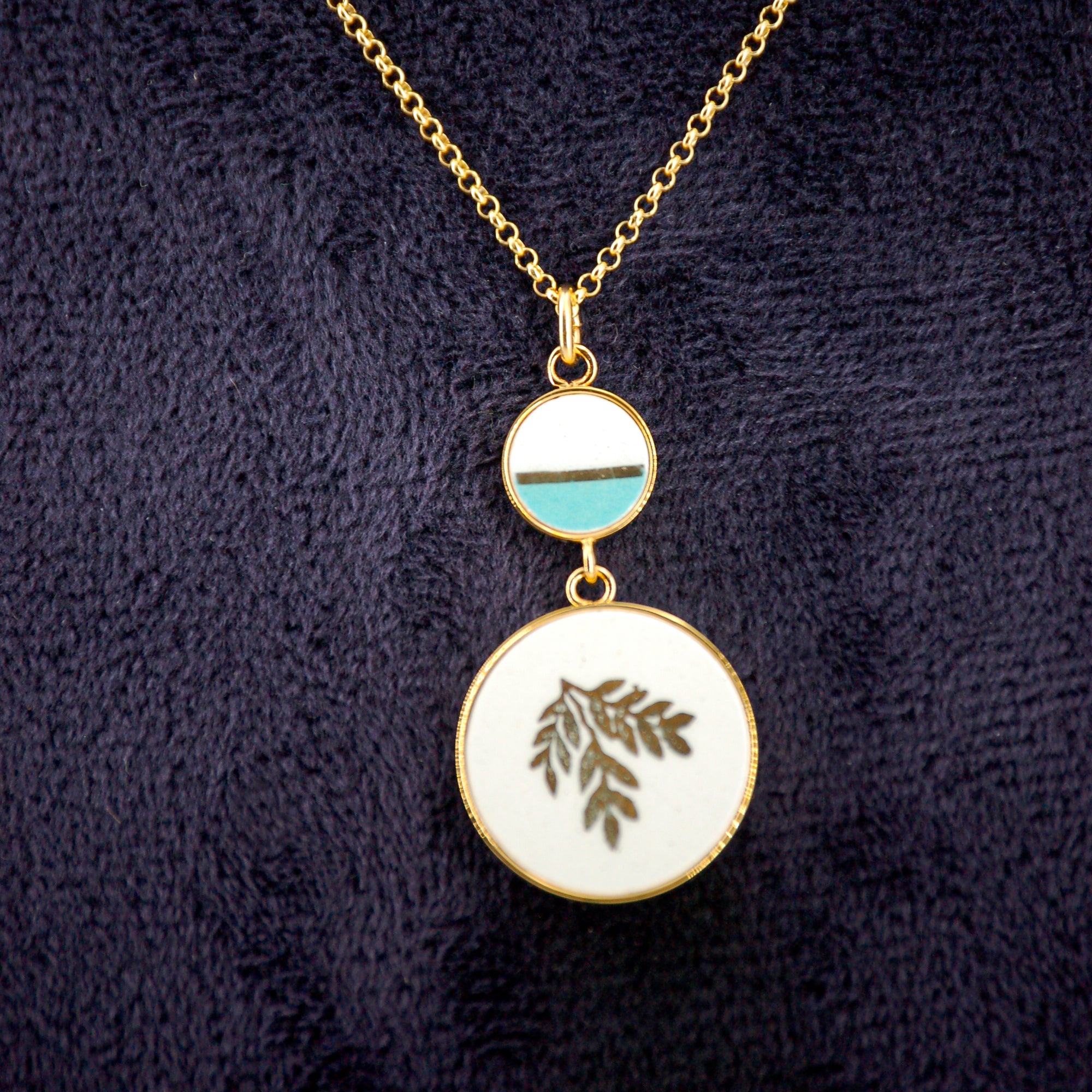 "Golden Leaves and Turquoise Enamel" Pendant, Gold Finish