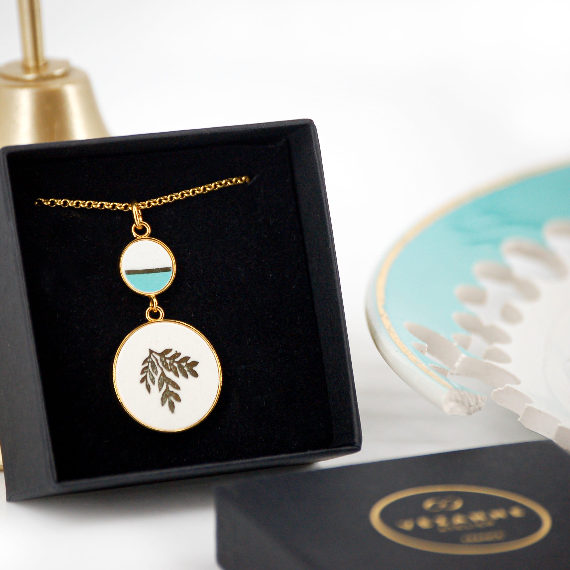"Golden Leaves and Turquoise Enamel" Pendant, Gold Finish